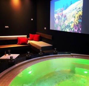 spa privatif comprenant bain à remous et sauna avec salon de repos et ciel lumineux à Rennes
